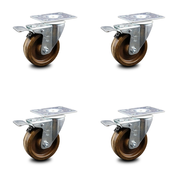 Service Caster 4 Inch High Temp Phenolic Swivel Top Plate Caster Set with Total Lock Brake SCC SCC-TTL20S414-PHRHT-4